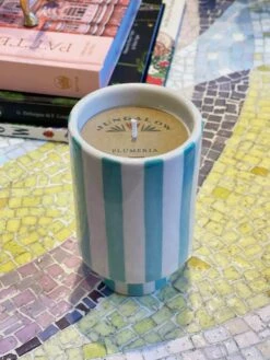 Jungalow Kaya Ceramic Candle - Aqua Stripe/Plumeria -Home Touch Sale Store PhotoJun222023 35700PM 798436a8 919a 4079 96fc 25d7aed7652d