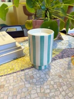 Jungalow Kaya Ceramic Candle - Aqua Stripe/Plumeria -Home Touch Sale Store bluestripecandle