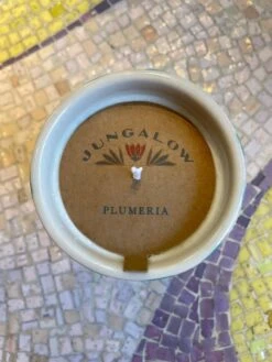 Jungalow Kaya Ceramic Candle - Aqua Stripe/Plumeria -Home Touch Sale Store bluestripecandlelabel